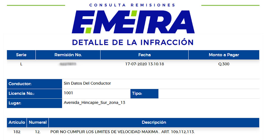 Detalle de infracciones de tránsito EMETRA